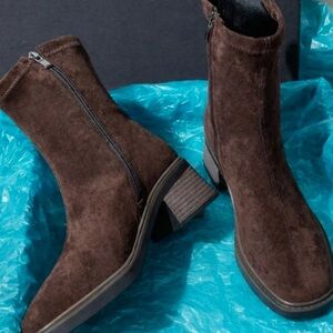 Women's Brown Suede Block Heel Ankle Booties with Side Zip